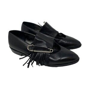 Mario Valentino Women's Mary Jane Shoes Black Leather Fringe Pointed Toe 6.5